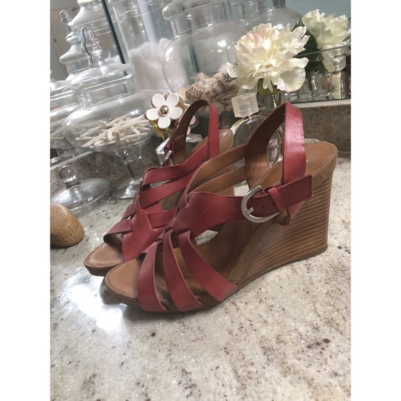 Franco Sarto Shoes - Franco Sarto Bamako Red Leather Strappy Wedge Sandal Heels Womens 9